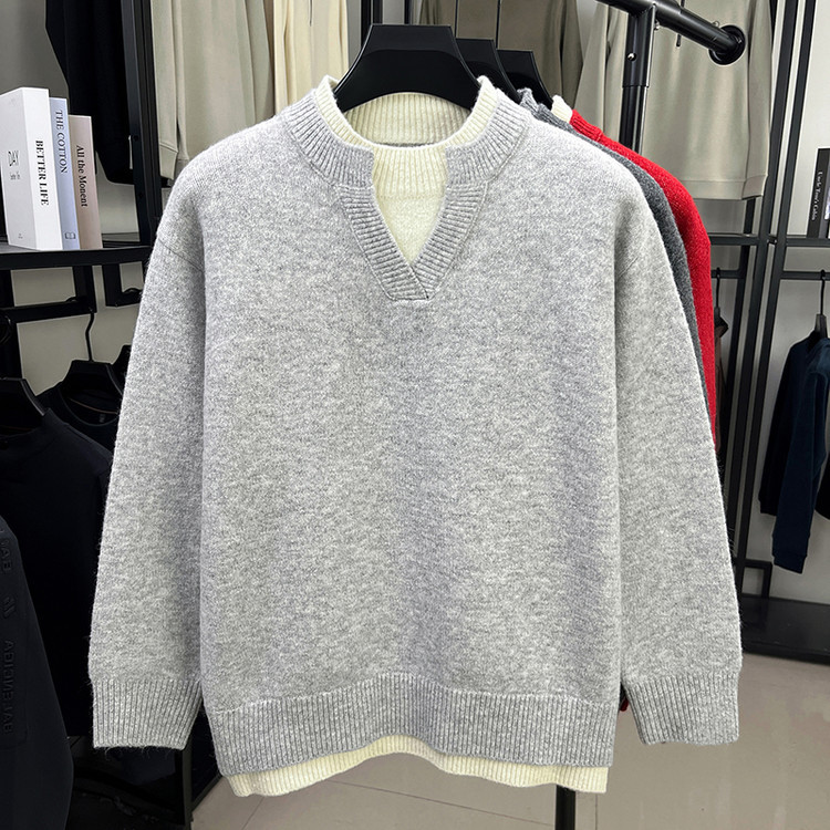 Falsos suéter de dos piezas de hombre otoño invierno V-collar contraste de moda top bottom casual suéter de punto suelto perezoso