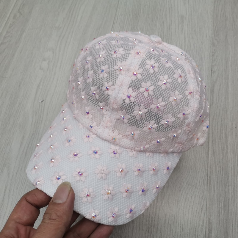 Primavera y verano versátil encaje floral tapa enarbolada Estilo coreano de las mujeres de moda estrellado caliente rhinestone gorra de béisbol protección solar sombrero para el sol