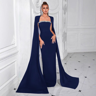 Europe and the United States Cross-border Sexy One-character Collar Diamond Stitching Evening Dress Mopping Long-sleeved Rear Split Solid Color Banquet dress