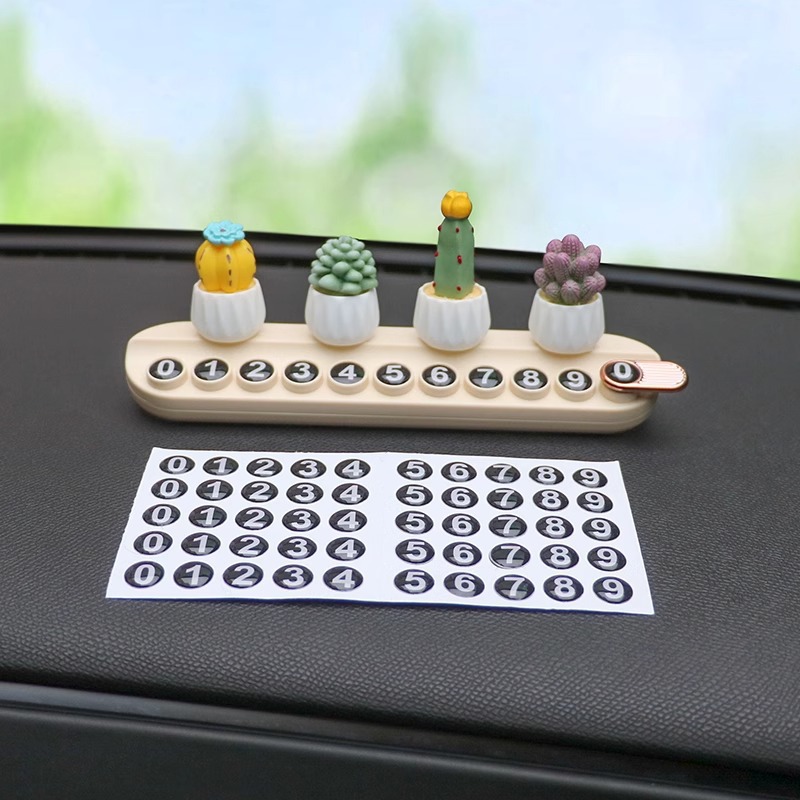 Suculentas plantas en macetas, placas de matrícula de estacionamiento temporal, teléfonos de automóviles, placas de matrícula en movimiento, tarjetas de transferencia de automóviles, adornos de accesorios se pueden ocultar