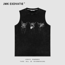 JMK EXDVATIE跨境电商美式复古街头宽松嘻哈无袖背心白墨直喷印花