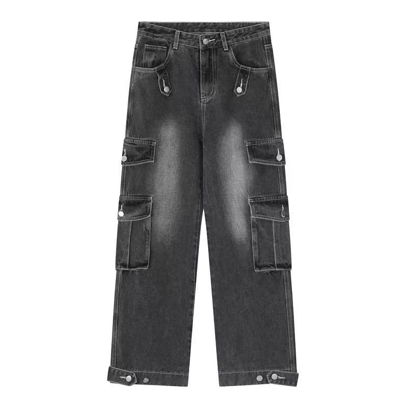 Jeans cargo multitasche stile retrò americano da uomo, pantaloni lunghi lavati vintage, stile streetwear pesante_voghion.com