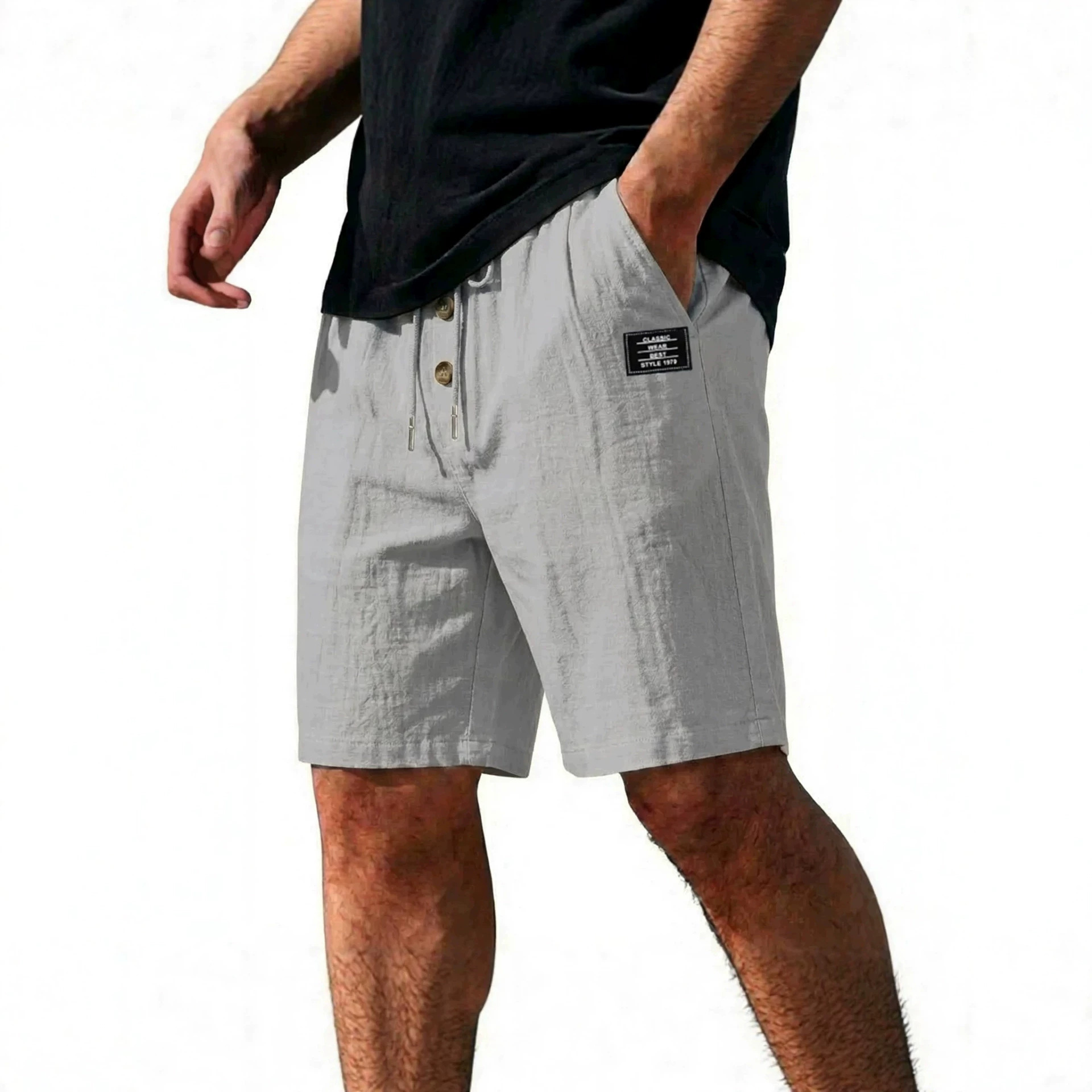 Men's Summer Cotton Linen Blend Loose Fit Solid Color Casual Shorts Trendy Sports plus Size mid Waist Beach Wear_viptrois.com