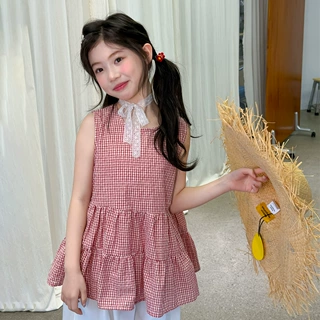 花与寻女童上衣2026年夏季新款甜美复古格纹无袖娃娃衫微蓬百搭潮