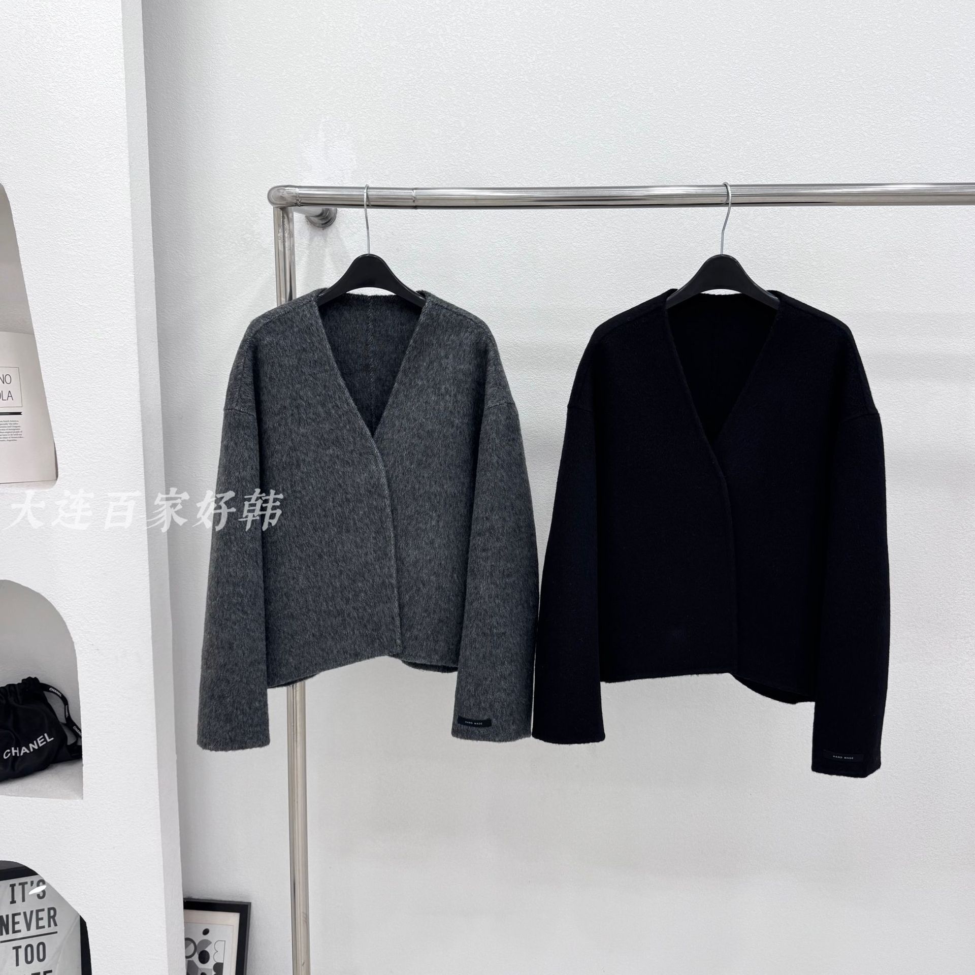 Petite Black Collarless Short Double-Sided Wool Coat Autumn and Winter Gray Simple Elegant Women's Yak Wool