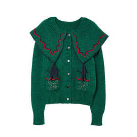 东莞大朗毛衣工厂定制开衫新款小个子设计感娃娃领短款圣诞针织衫