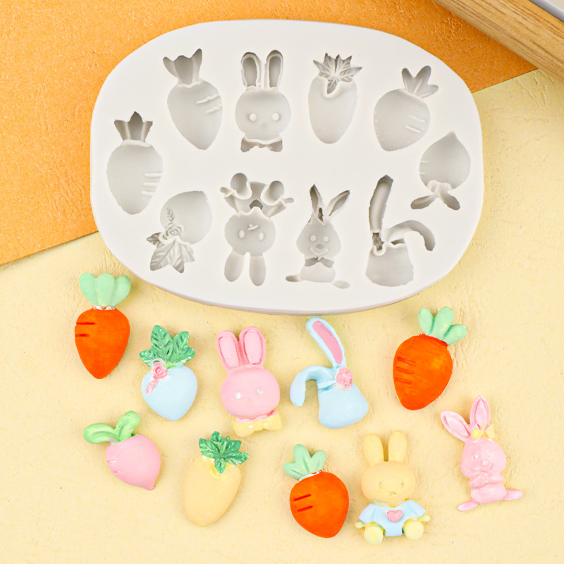 Molde de silicona de conejito de dibujos animados fondant molde de silicona para hornear en forma de rábano molde de decoración de pastel de chocolate de bricolaje