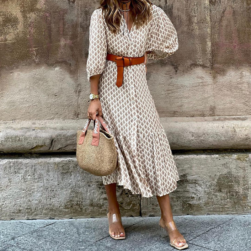 FD1376 2023 Summer New Cross-border Women's Fashion Elegant Printed V-neck Puff Sleeve Mid-length Dress