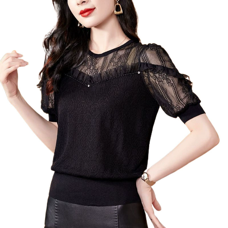 Silk summer lace thin knitted sweater, with short sleeve, oversize