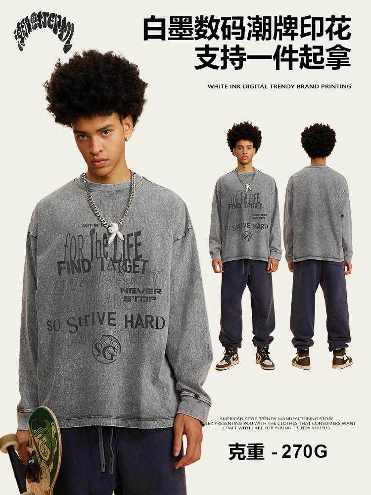 2025 primavera marca de moda europea y americana lavado con agua imprimida camiseta de hombre blusa casual cuello redondo letras de manga larga tee ropa de hombre