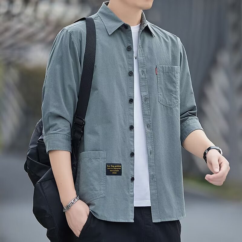 Seven-point Sleeve Shirt Men's Summer Trendy Casual Mid-sleeve Thin Pure Cotton Shirt Men's Top Handsome Shirt Trendy