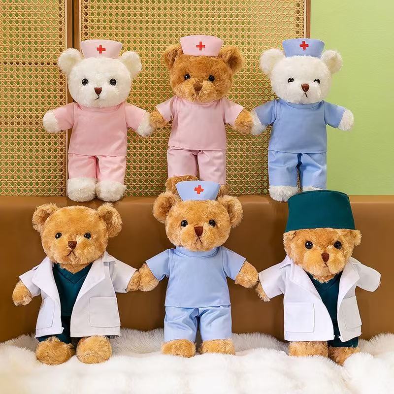 Médico traje de enfermera oso de peluche muñeca de peluche uniforme de enfermera osito puede imprimir logotipo regalo de evento de oso