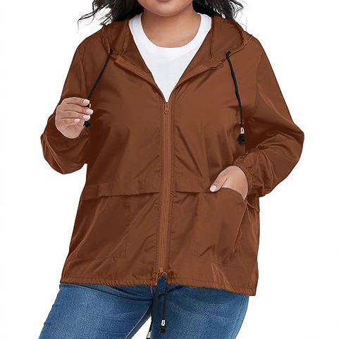 Amazon Foreign Trade European and American Large Size New Women's Hooded Drawstring Casual Sports Waterproof Jacket Windbreaker Jacket