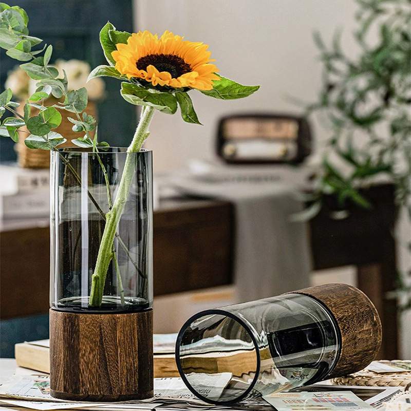 Luz de estilo europeo de lujo redondo bandeja de madera florero de vidrio Red roja de alto aspecto de la sala de estar mesa de comedor de aumento de agua arreglo de flores decoración