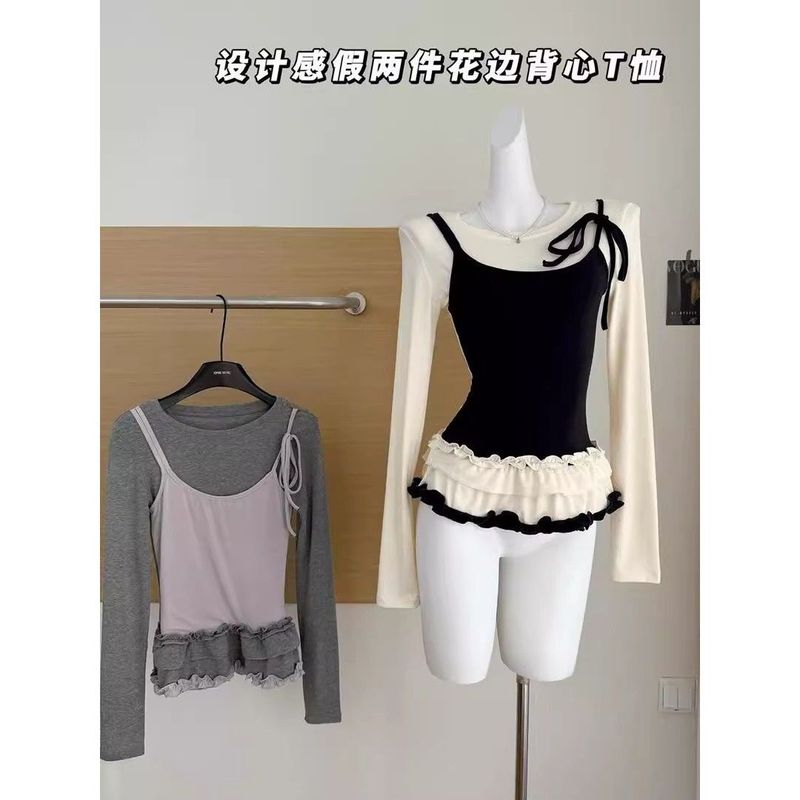 2025韓国版のデザイン感の偽の2つのレースのベストは底の長袖のtシャツの女性の金の春秋の中で身を修める上着を掛けます。|undefined