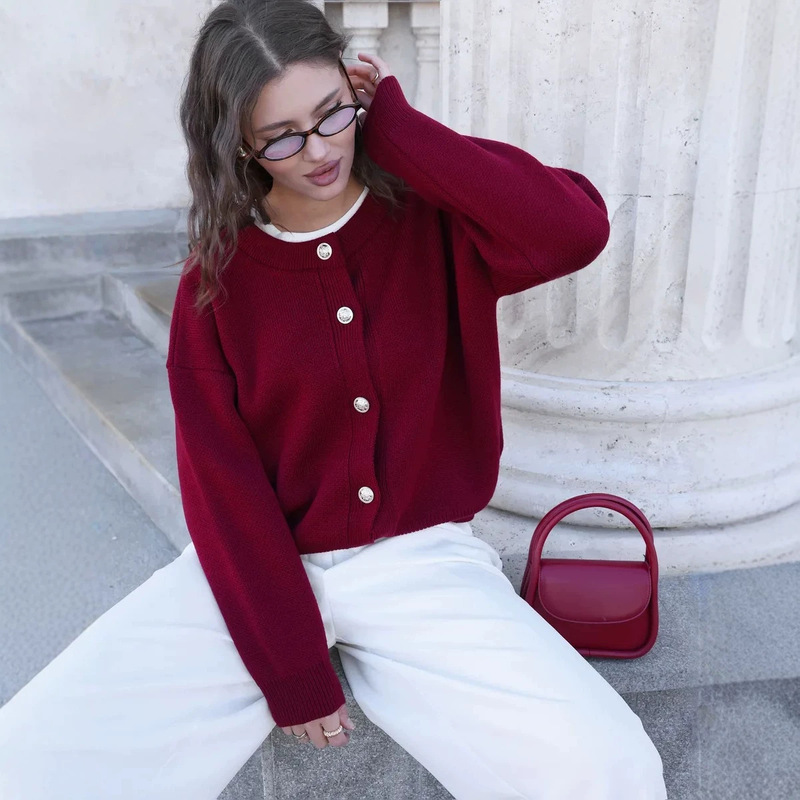 2026 European and American Cross-Border Solid Color Knitted Cardigan Women's High-End Lazy Style Loose Round Neck Sweater Coat Top 2026 European and American Cross-Border Solid Color Knitted Cardigan Women's High-End Lazy Style Loose Round Neck Sweater Coat Top