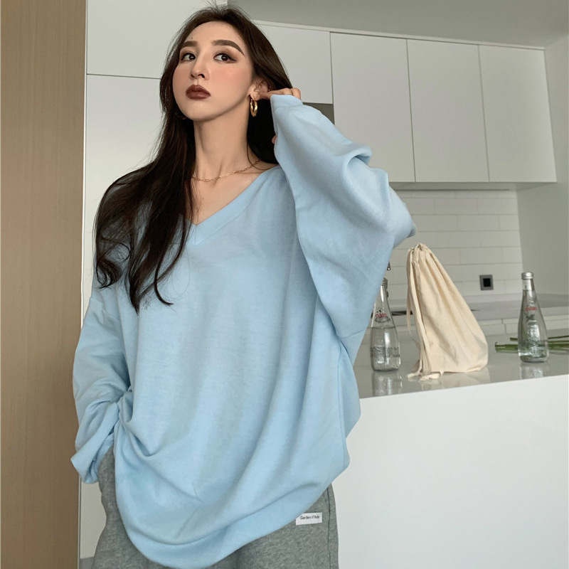 De gran tamaño más el tamaño de cuello en V de manga larga Camiseta de las mujeres de otoño e invierno de color sólido delgada camisa suelta de fondo de comercio exterior de media longitud superior image 3