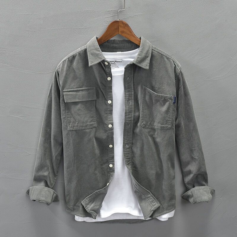 Japanese Retro Pocket Casual Corduroy Long-Sleeve Shirt for Men, Autumn Loose Striped Corduroy Couple Shirt Jacket Trendy Japanese Retro Pocket Casual Corduroy Long-Sleeve Shirt for Men, Autumn Loose Striped Corduroy Couple Shirt Jacket Trendy