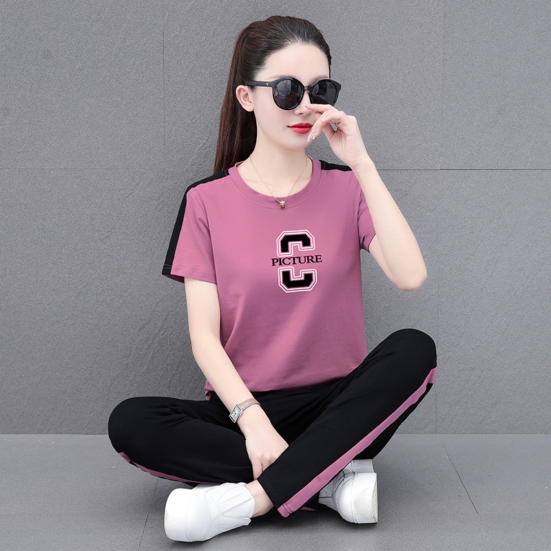 Short-Sleeved Long Pants Sports Suit Women's Summer Wear 2025 New Large Size Foreign Style Pure Cotton Casual Running Suit Two-Piece Set