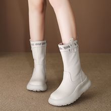 头层牛皮中筒高靴2025冬季新款真皮手工复古圆头厚底侧拉链女靴子