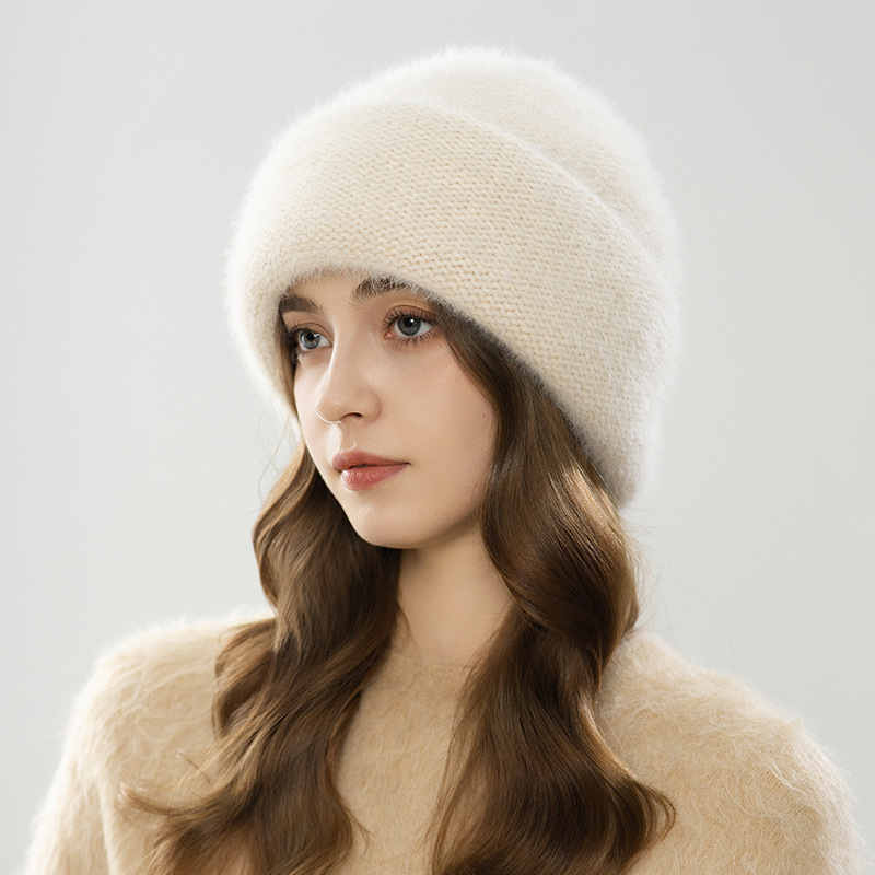 Mũ len beanie nữ dệt kim len thỏ Angora, chu vi vòng đầu lớn, giữ ấm mùa đông — màu be
