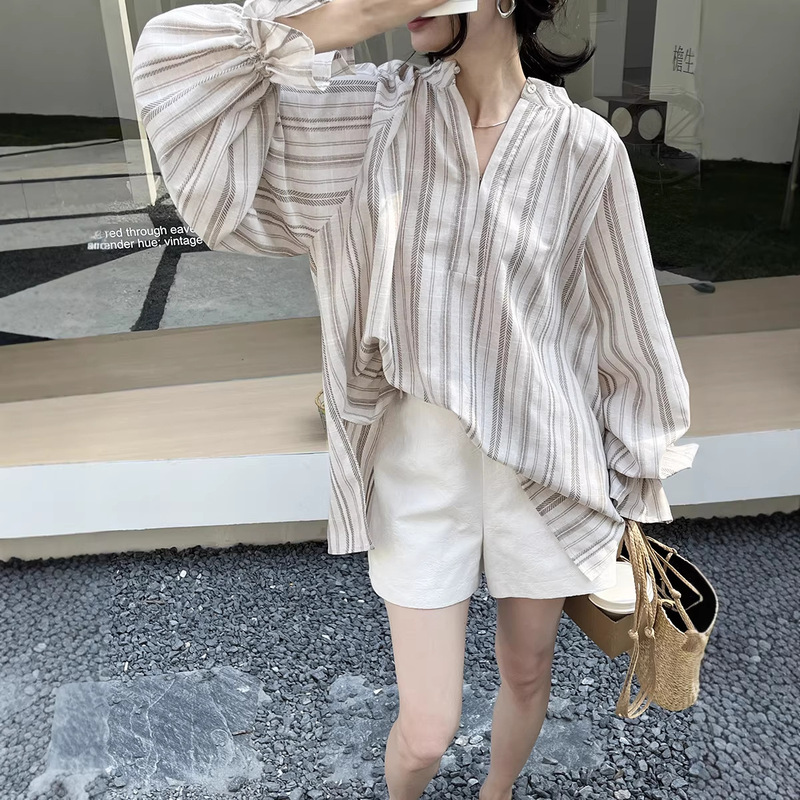 [No Returns or Exchanges] Spring New French Retro Style Flared Sleeve Linen Striped Loose-Fit Shirt Csa087