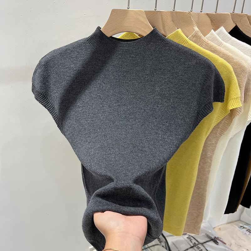 半高襟飛袖ニット服女性夏2025新型欧品修身袖なし上着底シャツ女性インナー|undefined