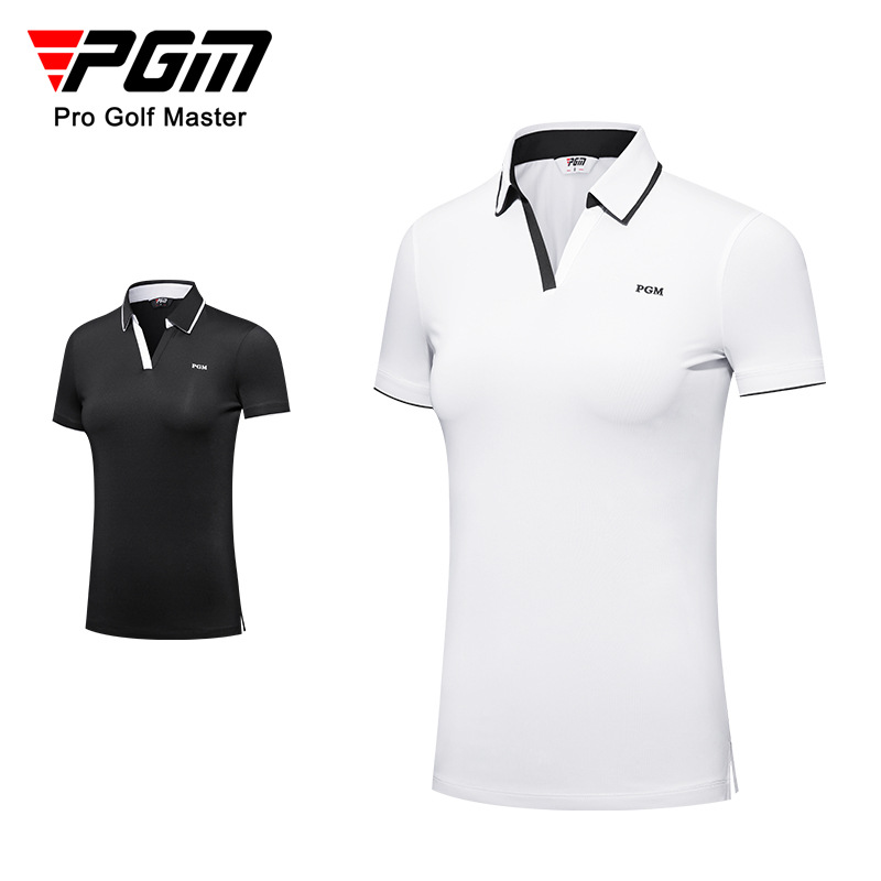 Áo thun golf nữ tay ngắn cổ chữ V, vải xẻ tà thời trang — YF553-màu trắng, YF553-Đen