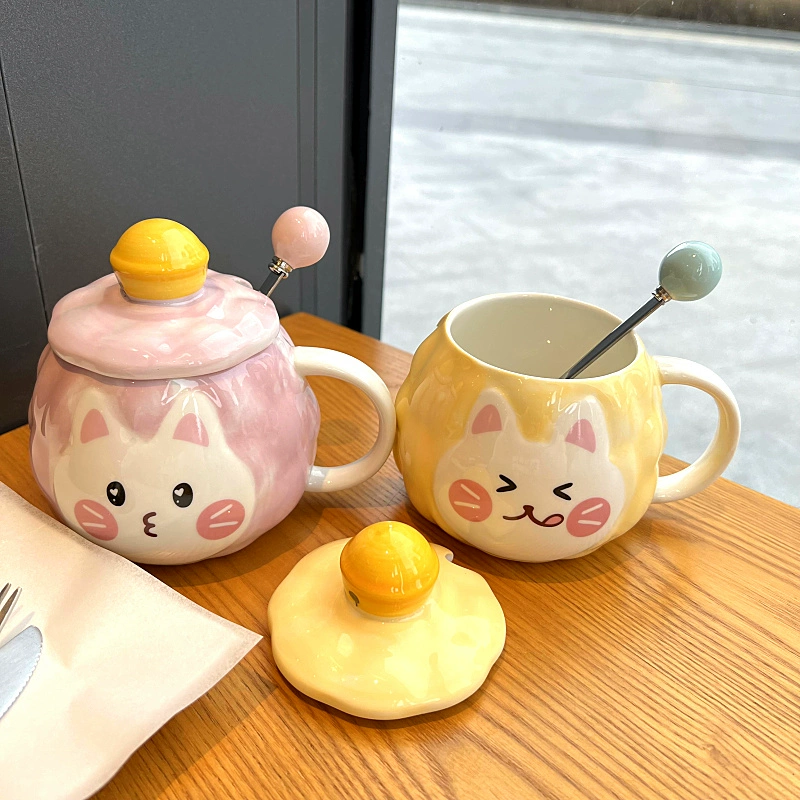Очень милая керамическая чашка с котом — мультяшный стакан для кофе и воды для парней и девушек, кружка для молока с крышкой и ложкой