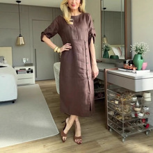 亚马逊新款2025欧美跨境女装夏季风宽松休闲纯色短袖棉麻连衣裙女