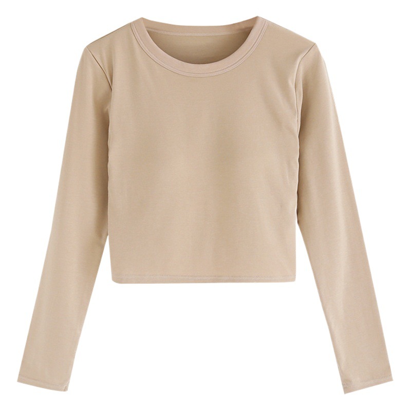 Women's Open-navel Long-sleeved Women's Autumn and Winter Inner Wearing Slim-fit Underwear with Bra Tube Top Round Neck Short Top