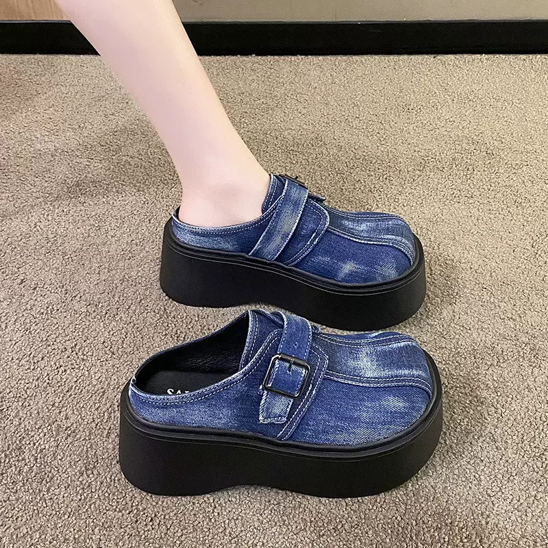 牛仔布大头松糕鞋女2024夏季复古皮带扣厚底凉拖鞋女包头半拖鞋