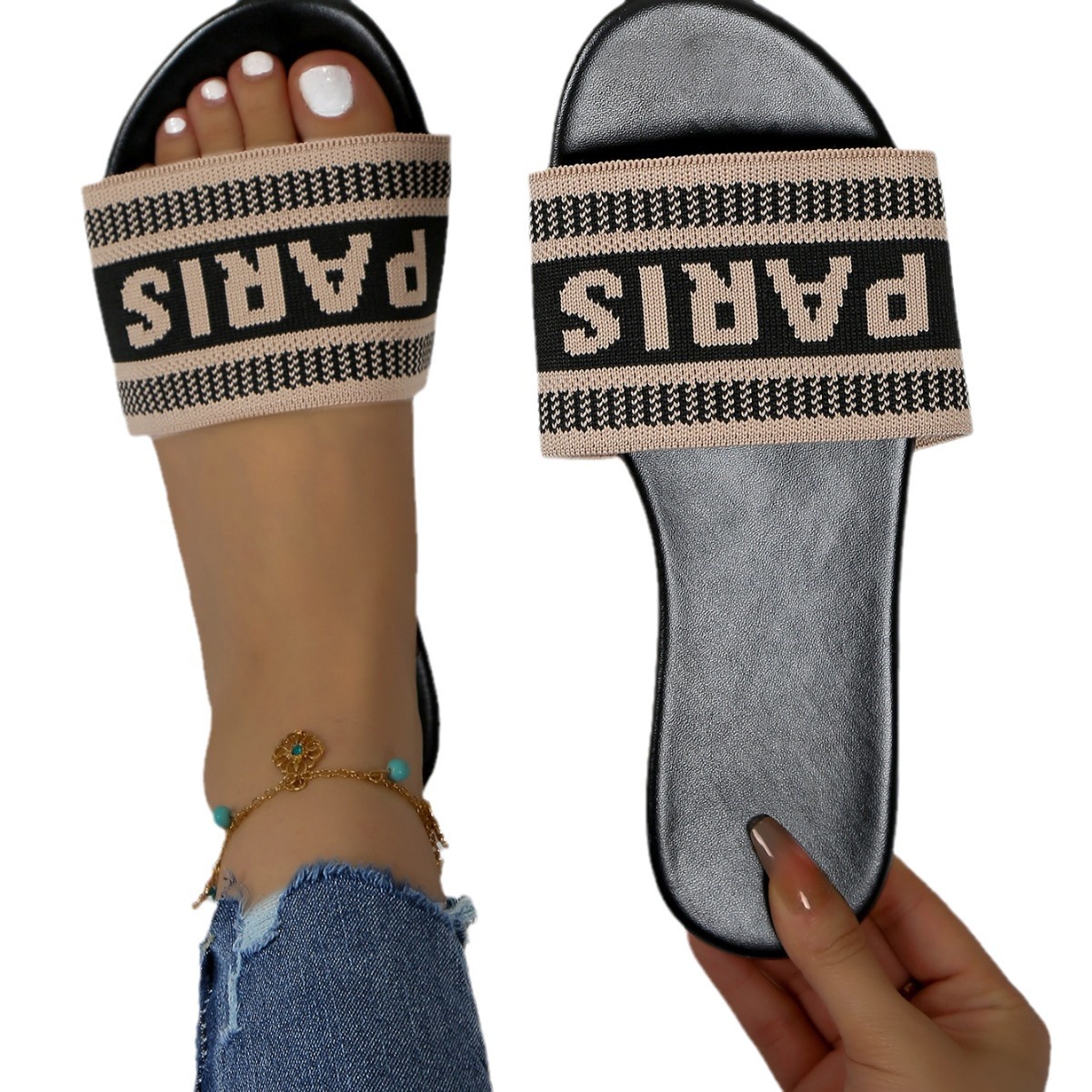 Round Toe Plus Size Flat Slippers Women's Casual Style Flyknit One Strap Women's Sandals_voghion.com