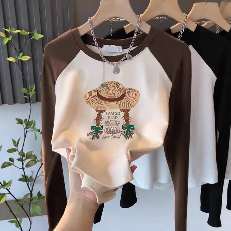 2026 Early Autumn Pure Cotton Raglan Long-Sleeve T-Shirt for Women, Slim Fit, Petite, Round Neck, Color-Blocking Top, Trendy on Instagram 2026 Early Autumn Pure Cotton Raglan Long-Sleeve T-Shirt for Women, Slim Fit, Petite, Round Neck, Color-Blocking Top, Trendy on Instagram