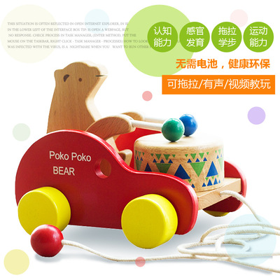 厂家直销木质小熊敲鼓车儿童 早教益智拖拉学步玩具木质玩具 代发|ru