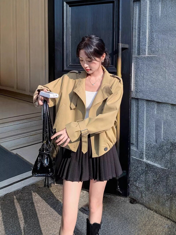 极简廓形俏皮感花苞下摆甜飒兼具短款风衣夹克外套女春秋新款|undefined