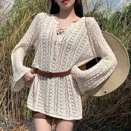 奶油系穿搭温柔韩系风抽绳上衣百搭罩衫宽松甜美薄镂空毛衣