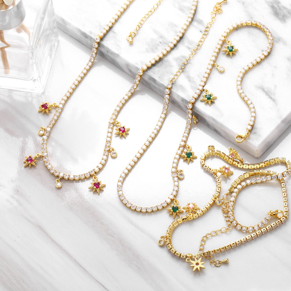 retro zircon six-pointed star short copper necklace