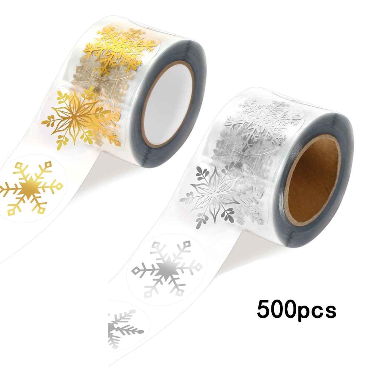 500张金银箔雪花贴纸卷透明圣诞标签圆形自粘圣诞节烫金信封贴