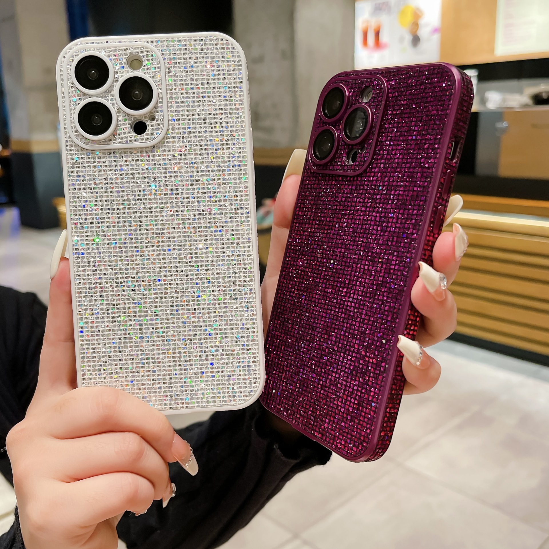 Adatto per la custodia glitterata per iPhone 15 PRO, custodia per telefono con diamante con bordo laterale in pellicola per obiettivo Apple 14_voghion.com