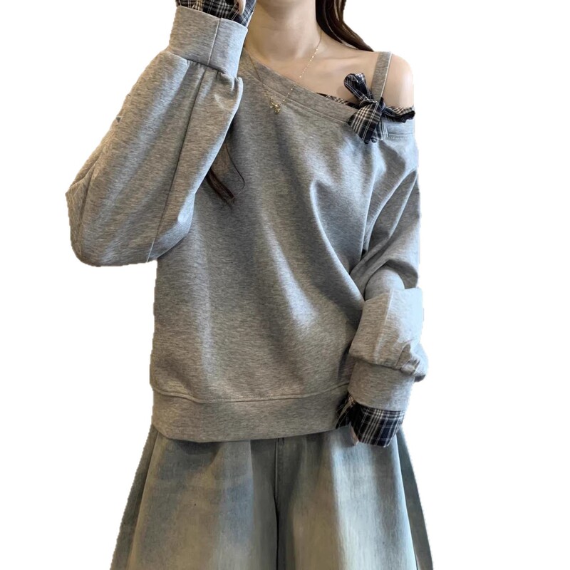 大码格子拼接一字肩斜肩卫衣女春秋新款宽松显瘦遮肉露肩长袖上衣|undefined