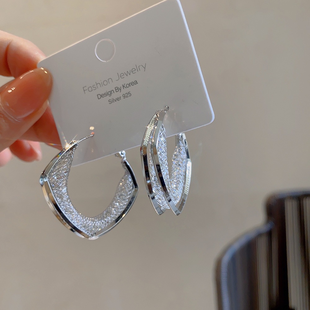 欧美轻奢百搭金属网状碎钻耳环女 个性夸张气质设计感耳钉耳饰