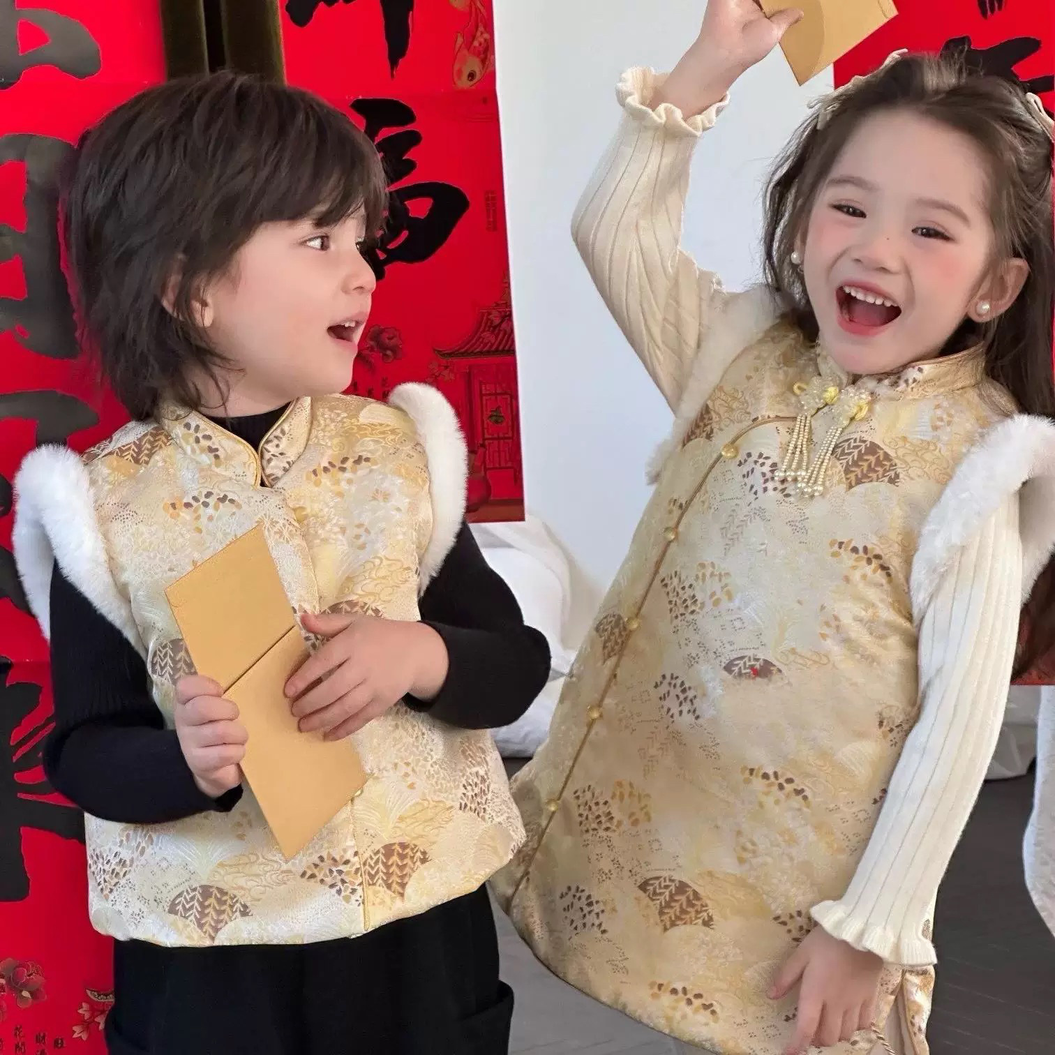 [Ropa para niños Le En] Invierno nuevo estilo saludo de Año Nuevo 2024 Falda cheongsam de bebé de niña coreana Falda chaleco bordado más terciopelo