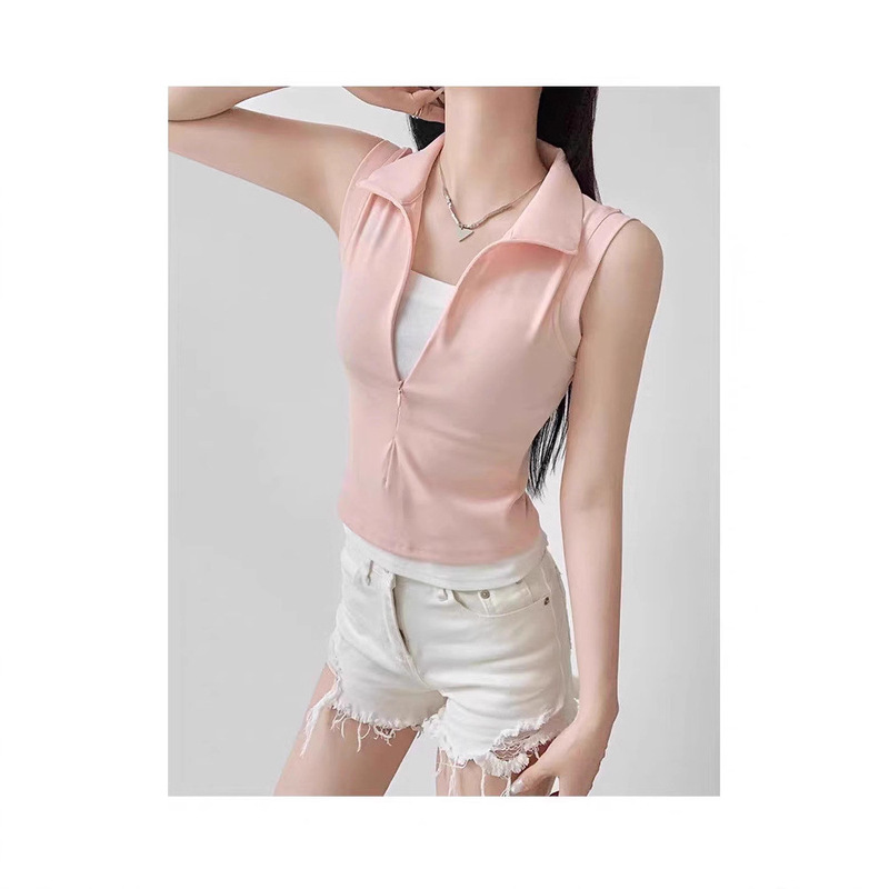 Zipper Polo Collar Short-Sleeved Right Shoulder T-Shirt for Women Pure Cotton Pure Lust Style Fixed Cup Fake Two-Piece Vest Slimming Look