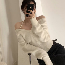 韩国chic冬季新款小性感露肩简约设计款长袖针织衫女显瘦毛衣上衣