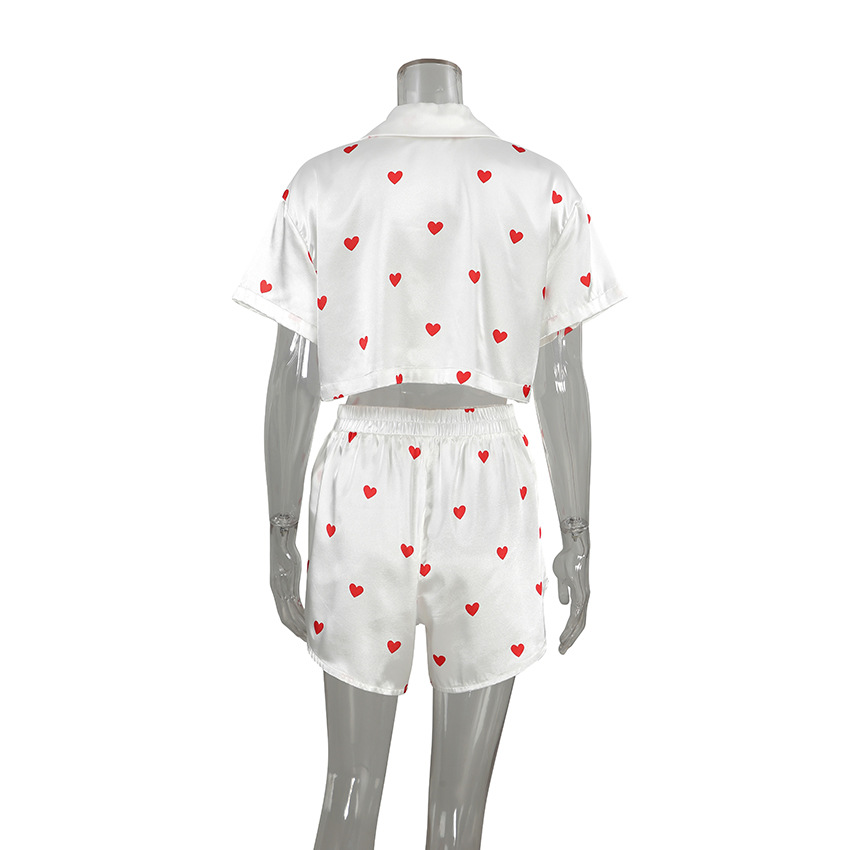 210g Weight Short Sleeve Sleeve Length Pajamas Lingerie Type Polyester, Satin Fabric Type Short Top Length Shorts Sets Sets Type 2 Pieces Set Quantity Home, Daily Occasion Turndown Neckline Breathable Function Regular Fit Fit Type Heart Shape Pattern Winter, Summer, Spring Season Women's Gender Sweet Style Home Daily Women's Sweet Heart Shape Polyester Satin Shorts Sets Pajama Sets 2