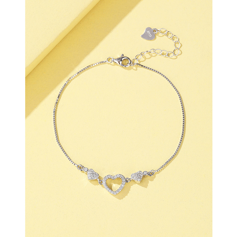 S925 plata esterlina en forma de corazón hueco pulsera femenina estilo coreano moda simple circón micro-incrustaciones pulsera estudiante novias joyería de la mano