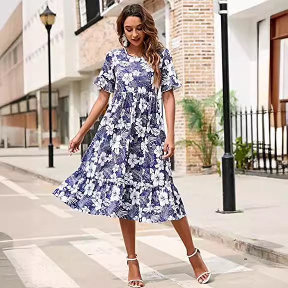 2023 Amazon Cross-border Source Flower Crewneck Mid-length Dress Casual Hidden Abdominal Fat Hawaii