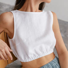 天丝麻纯色无袖背心夏季新款简约休闲露脐短款女装欧美风圆领上衣