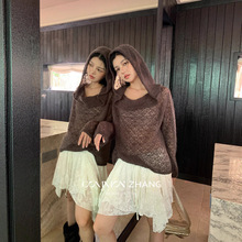 CZ ZHANG秋季废土风沙丘马海毛一字领连帽镂空羊毛针织衫女B35632